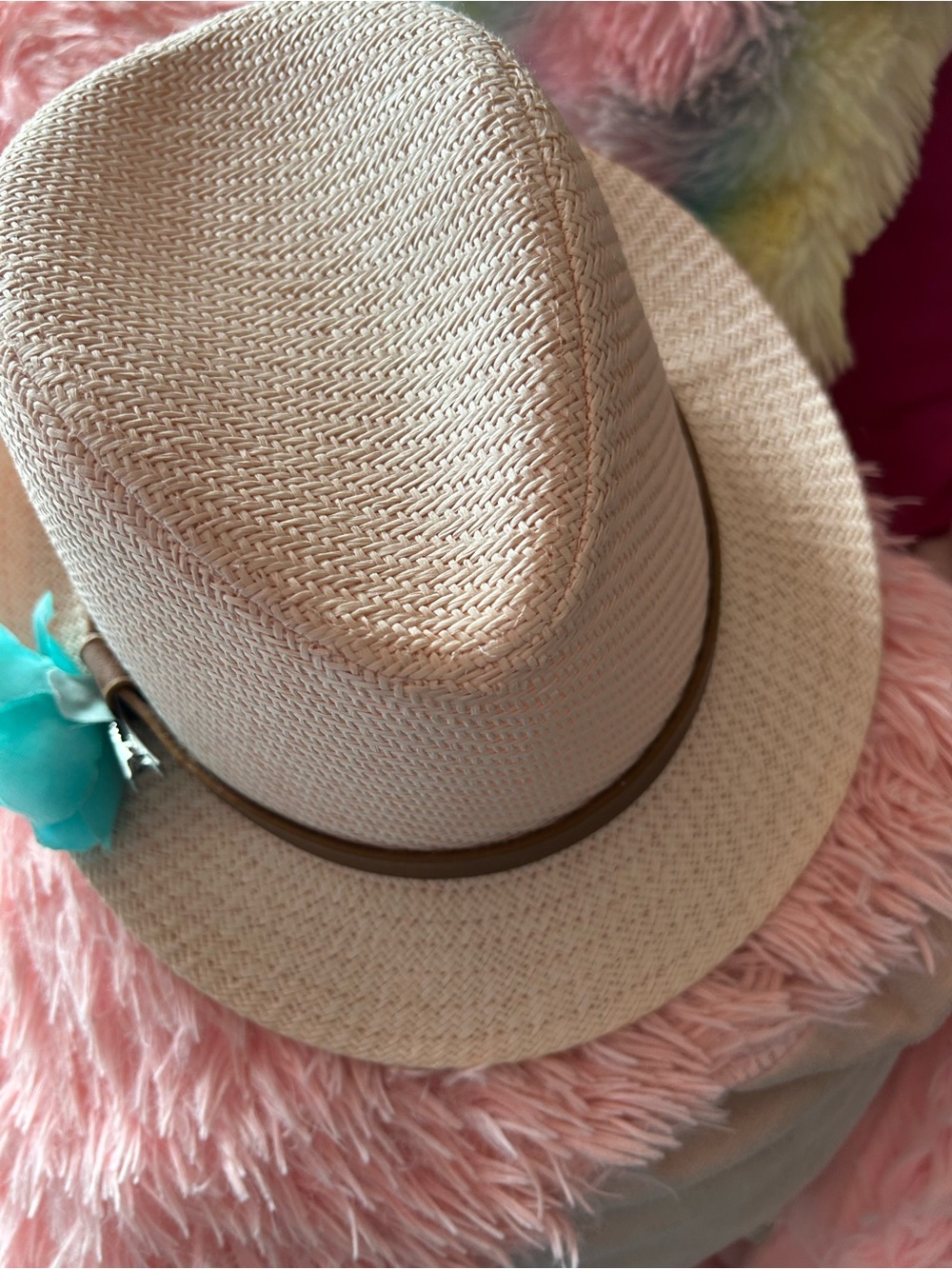 Cream eomend Straw Fedora with Brown Band and Blue Flower